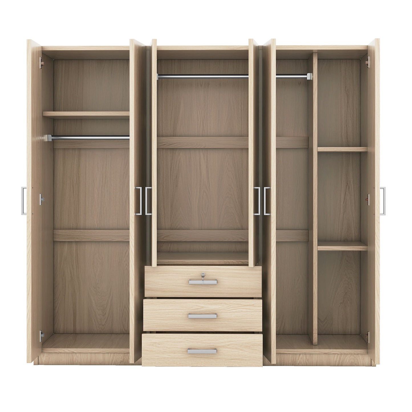 6 Doors Wardrobe Storage For Bedroom, With Big Drawers - Brown