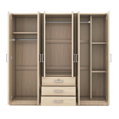 6 Doors Wardrobe Storage For Bedroom, With Big Drawers - Brown