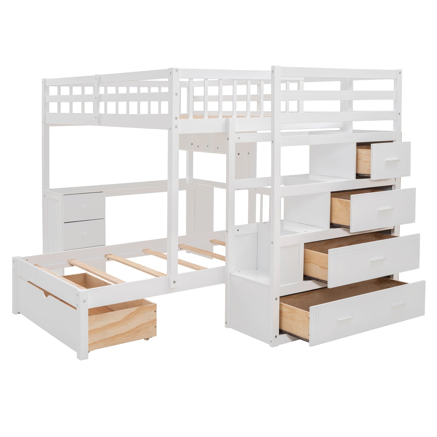 Full Over Twin Bunk Bed With Desk, Drawers And Shelves - White