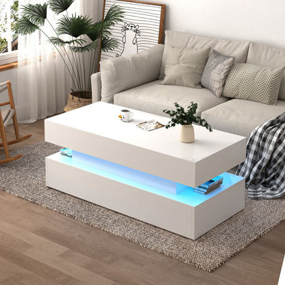 Contemporary Foldable Coffee Table With Drawers And LED White & Metal 3 Tier Design - White