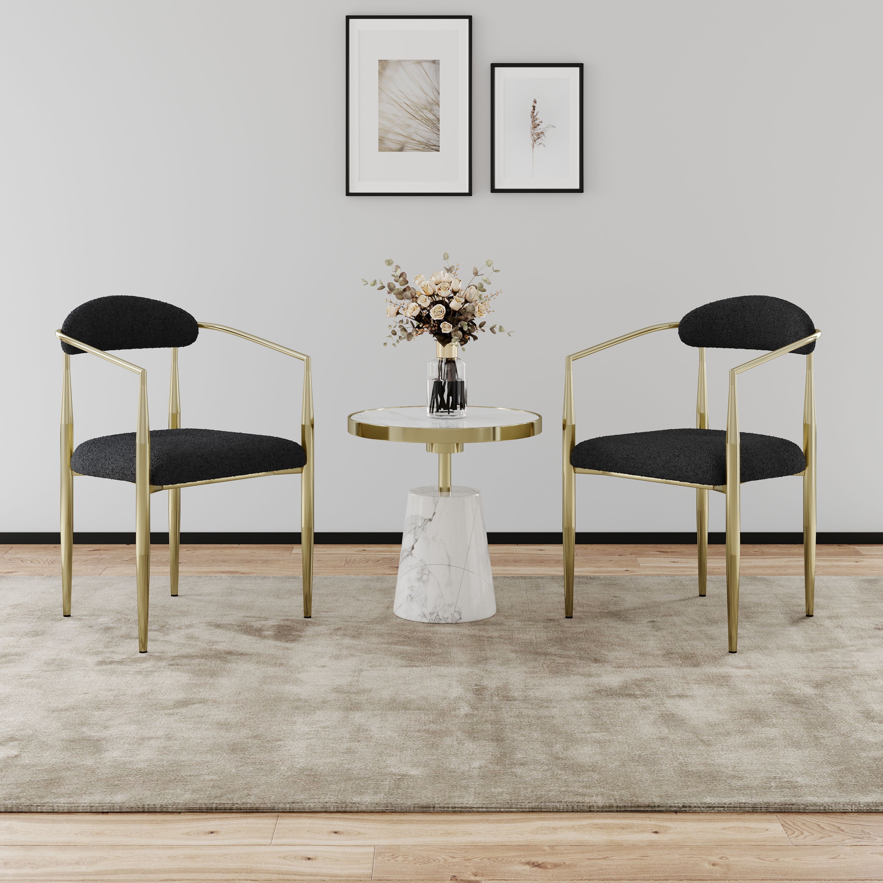 Dining Chairs (Set of 2), Mid-Century Modern Dining Chairs, Kitchen Dining Room Chairs, Round Boucle Backrest Sherpa Dining Chair With Metal Legs - Black / Gold