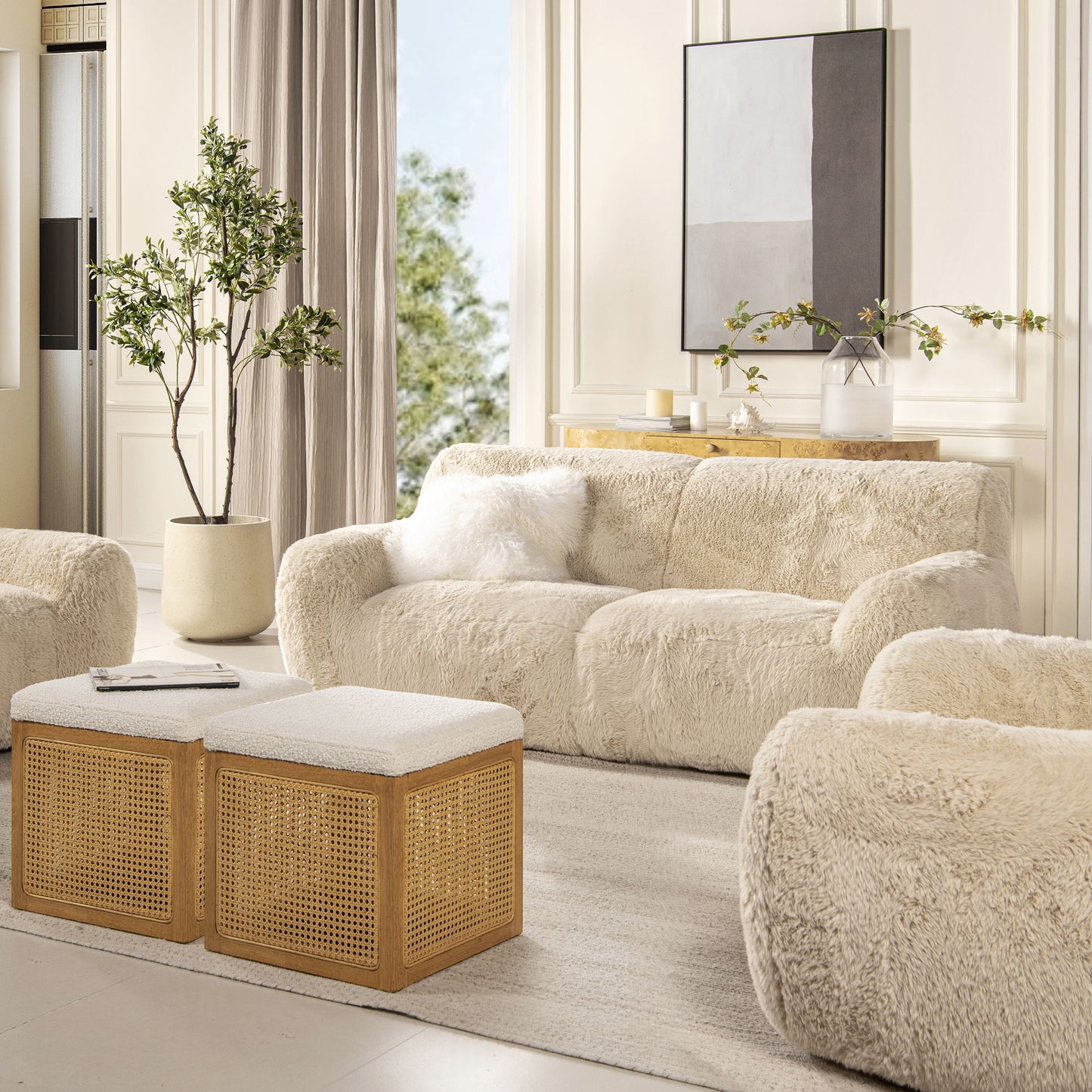 Summit - Faux Sheepskin Overstuffed Sofa - Cream Beige