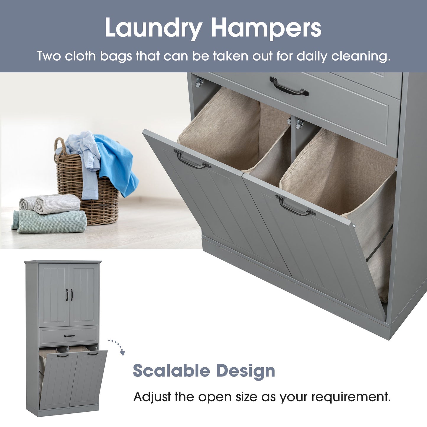 Stylish Bathroom Storage Cabinet With 2 Laundry Baskets - Gray
