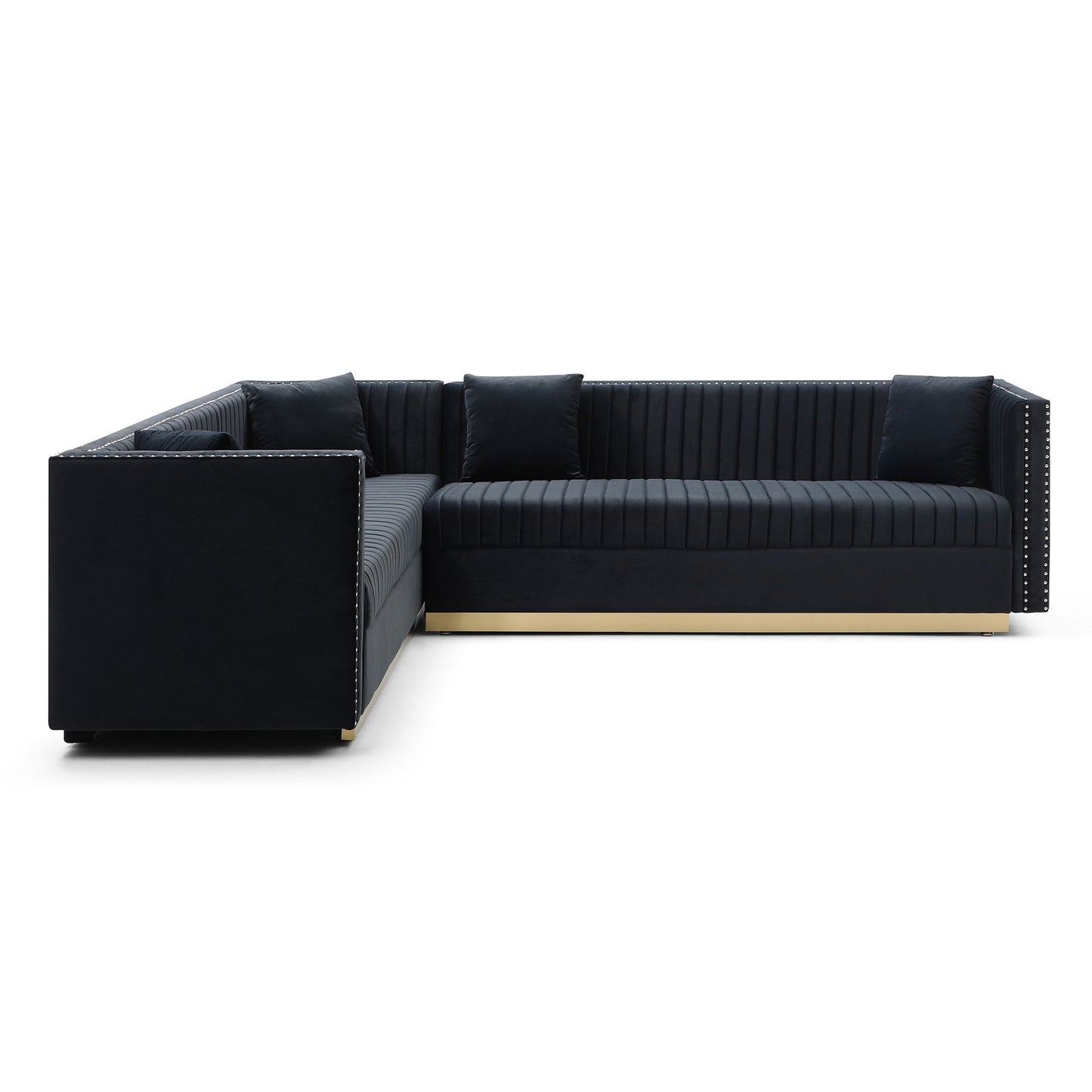 Contemporary Vertical Channel Tufted Velvet Sectional Sofa For Living Room With 4 Pillows - Black
