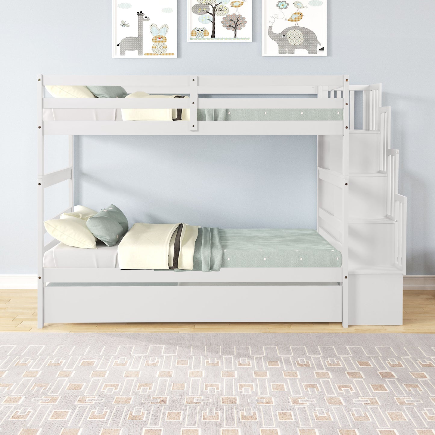 Twin Over Twin Bunk Beds With Twin Trundle And Stairway Storage Function - White