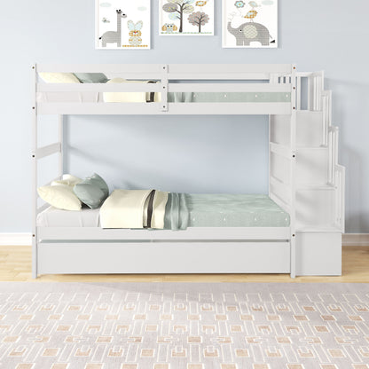 Twin Over Twin Bunk Beds With Twin Trundle And Stairway Storage Function - White