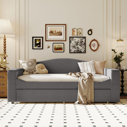 Twin Size Upholstered Daybed With Storage Armrests, Trundle And Latest Integrated Bluetooth Audio System - Gray