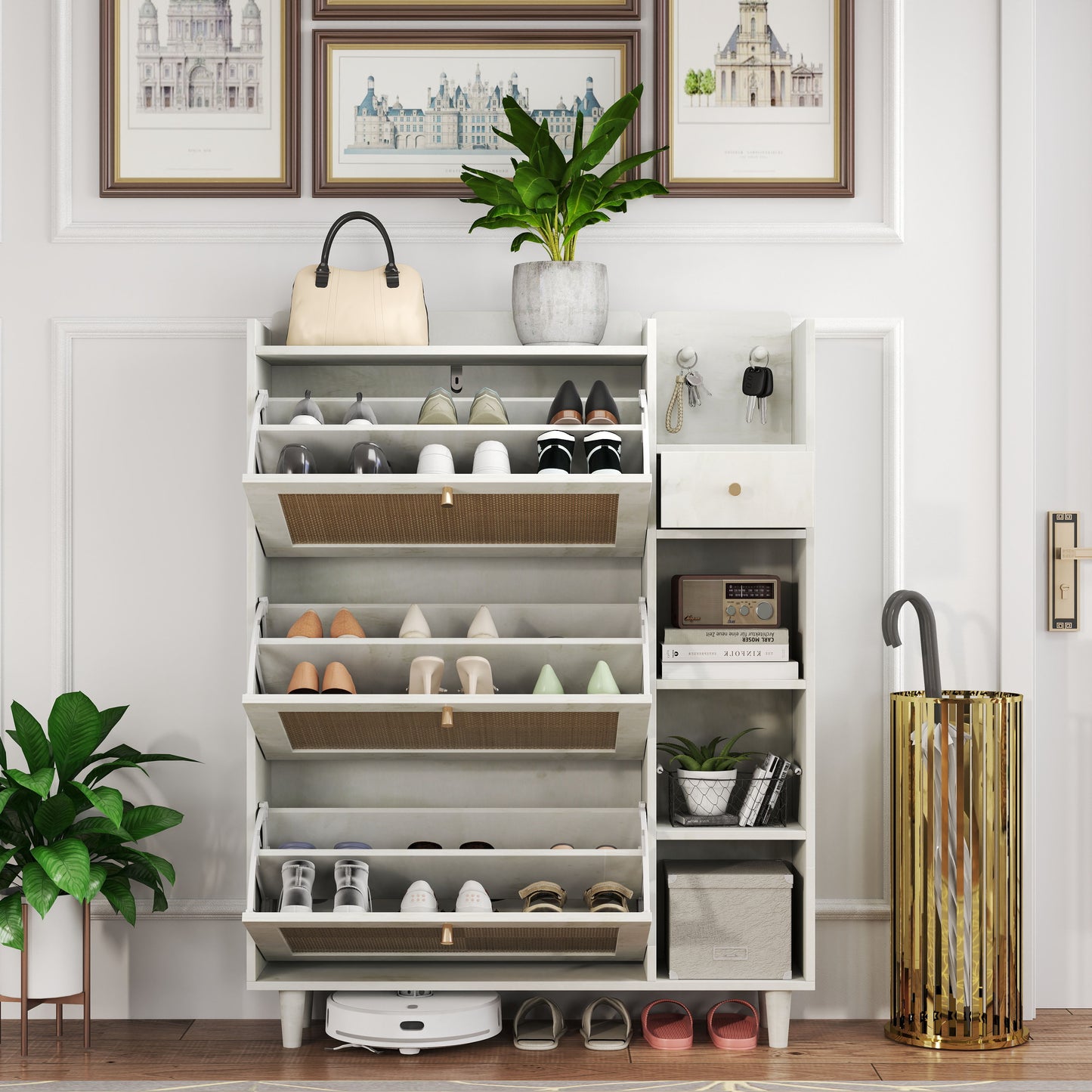 Natural Bohemia Style Shoe Cabinet, Shoe Rack Cabinet With 3 Rattan Flip Drawers, 3 Square Shelves And 1 Storage Drawer, Shoe Organizer With Mulit Storage Space And Hooks For Hallway, Entryway - White