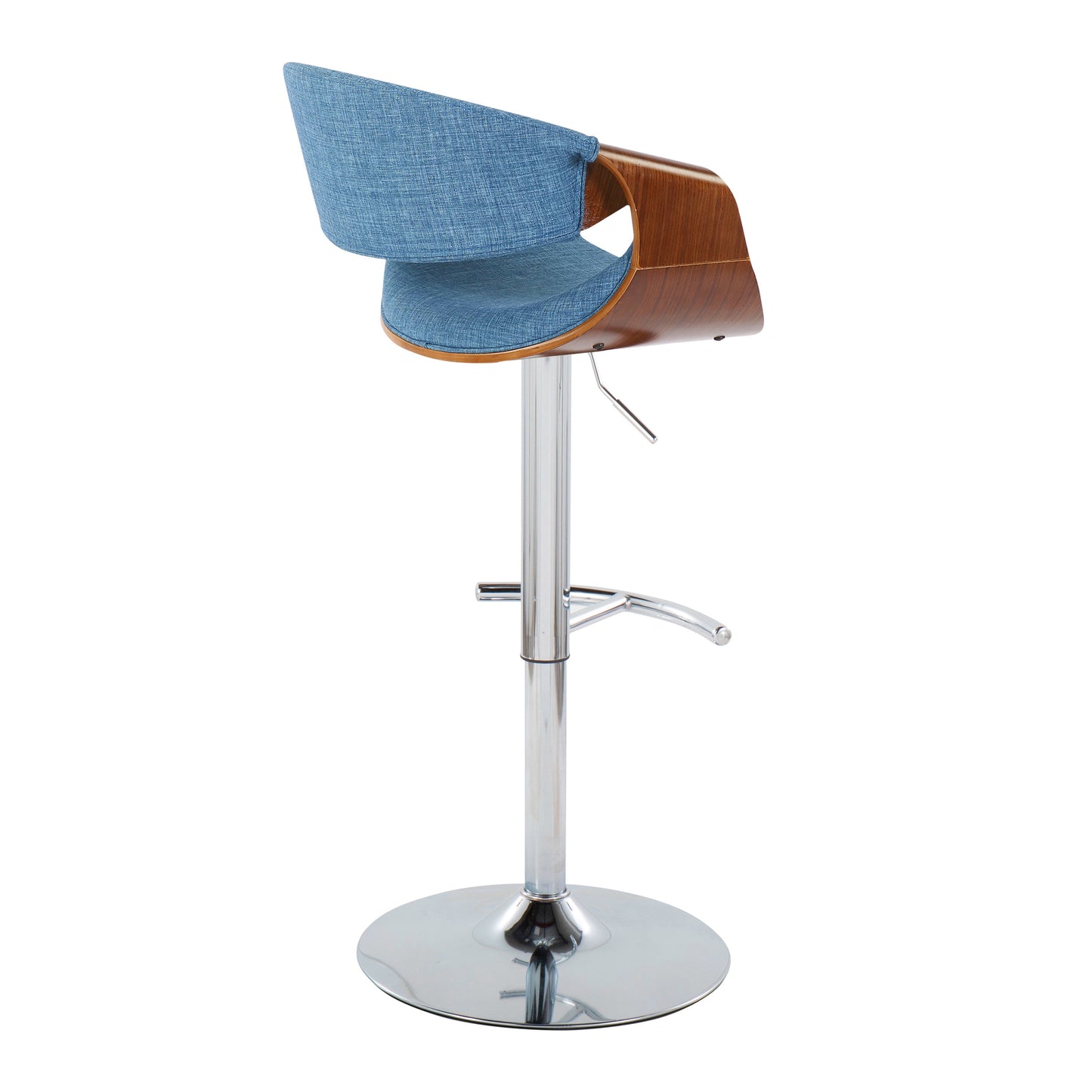Curvo - Mid-Century Modern Adjustable Barstool With Swivel With Rounded T Footrest (Set of 2) - Chrome / Walnut / Blue