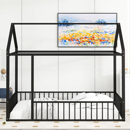 Full Size Bed House Bed Frame With Fence - Black