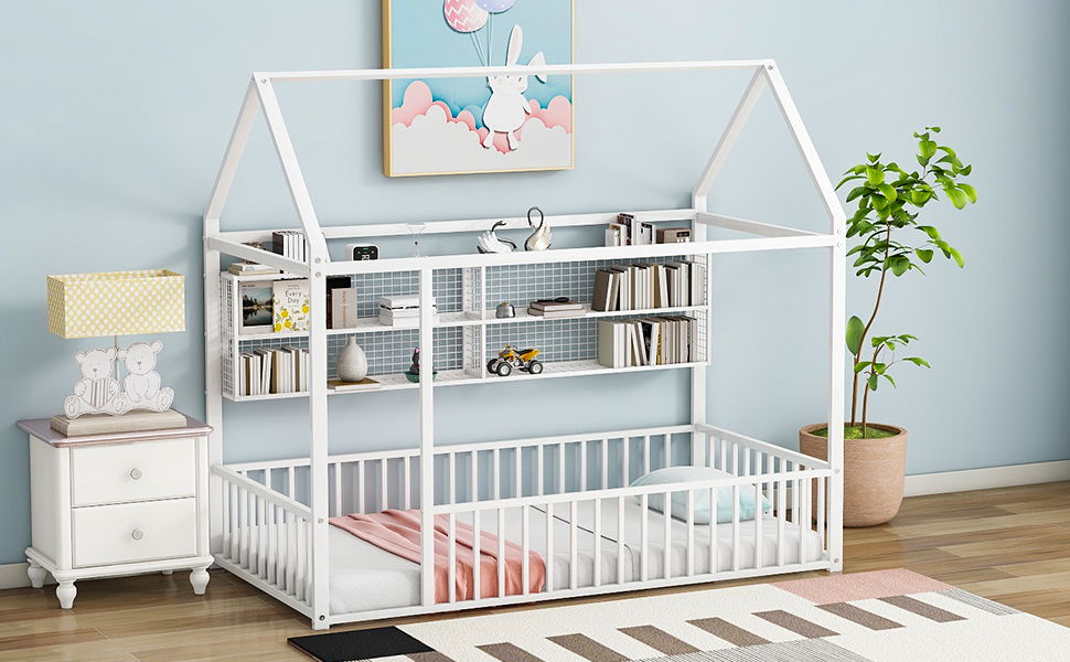 Twin Size Bed House Frame With Fence And Shelves - White