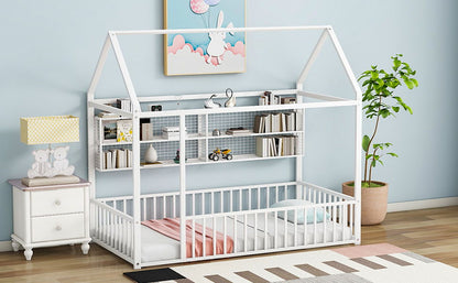 Twin Size Bed House Frame With Fence And Shelves - White