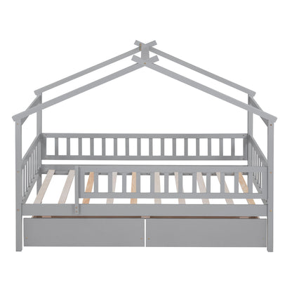 Twin Size House Bed With 2 Drawers - Gray