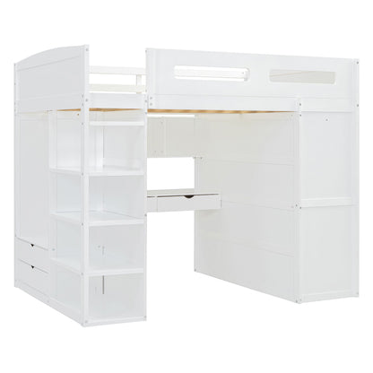 Full Size Loft Bed With Desk, Wardrobes, 4 Drawers And 4 Shelves - White