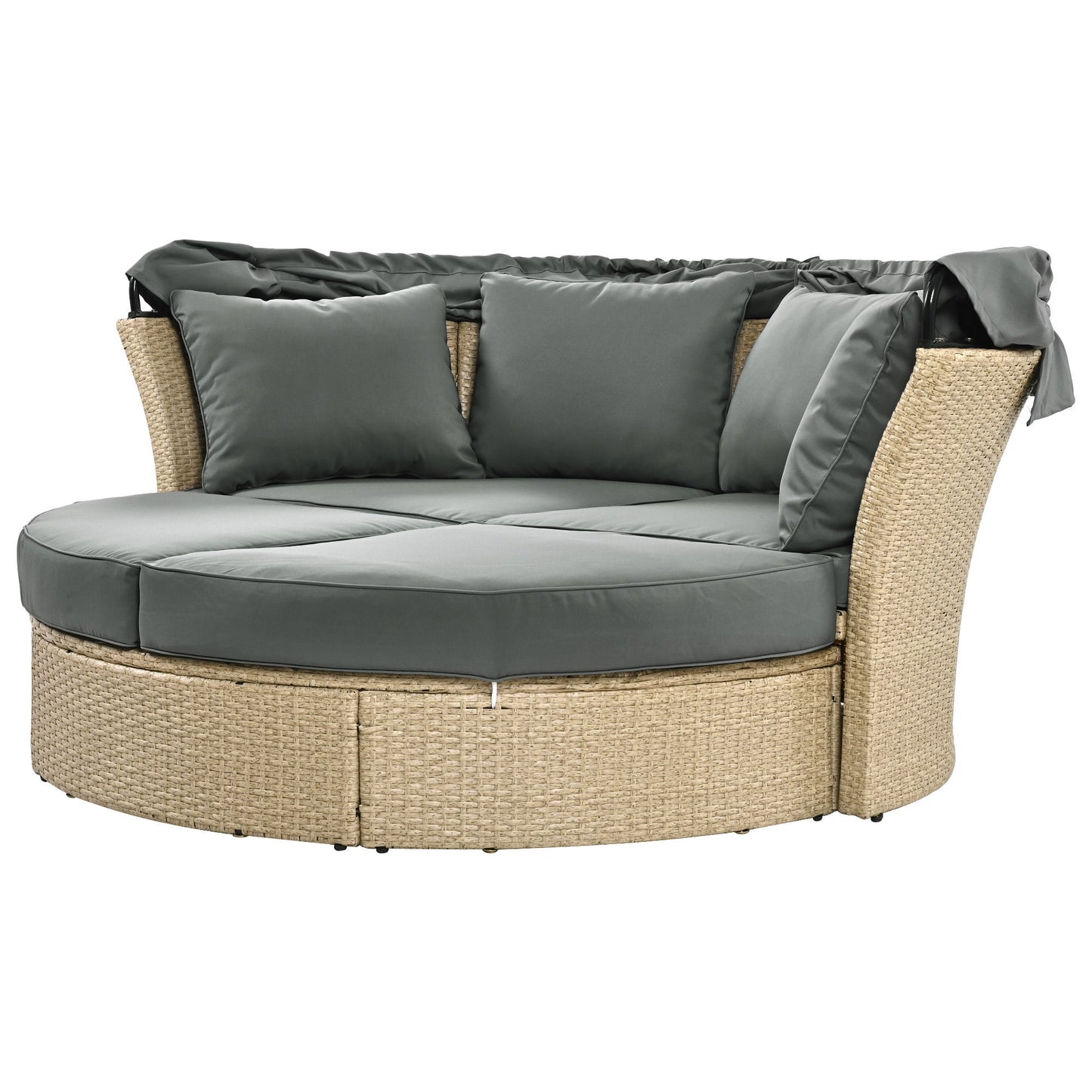 Outdoor Patio Daybed Wicker Rattan Double Daybed Round Sofa Furniture Set With Retractable Canopy, 4 Pillows For Lawn Garden Backyard Porch Pool - Gray