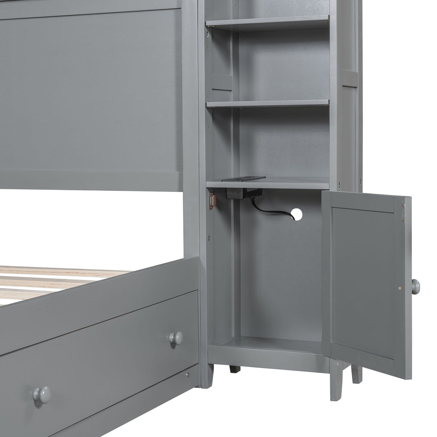 Queen Size Bed With All In One Cabinet, Shelf And Sockets - Gray
