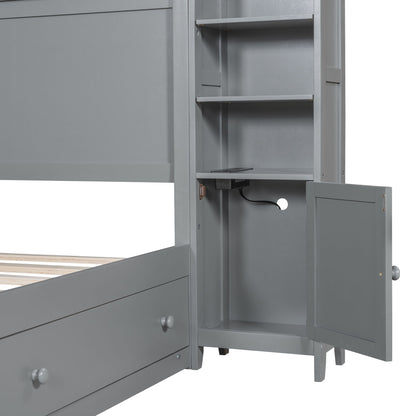 Queen Size Bed With All In One Cabinet, Shelf And Sockets - Gray