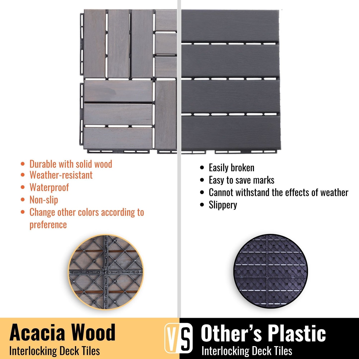 30 Piece Interlocking Deck Tiles Checker Pattern, Square Acacia Hardwood Outdoor Flooring For Patio, Bancony, Pool Side - Light Gray