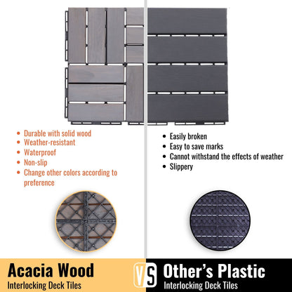 30 Piece Interlocking Deck Tiles Checker Pattern, Square Acacia Hardwood Outdoor Flooring For Patio, Bancony, Pool Side - Light Gray