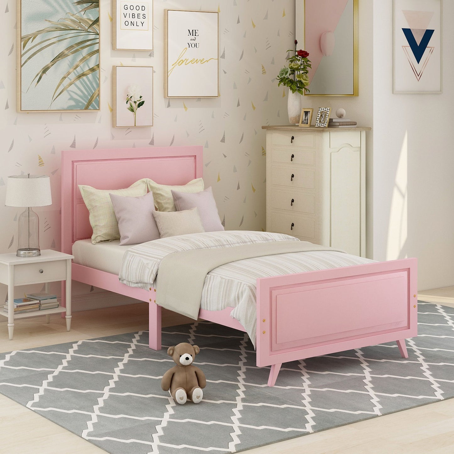 Twin Platform Bed Frame Mattress Foundation With Headboard And Slat Support - Pink