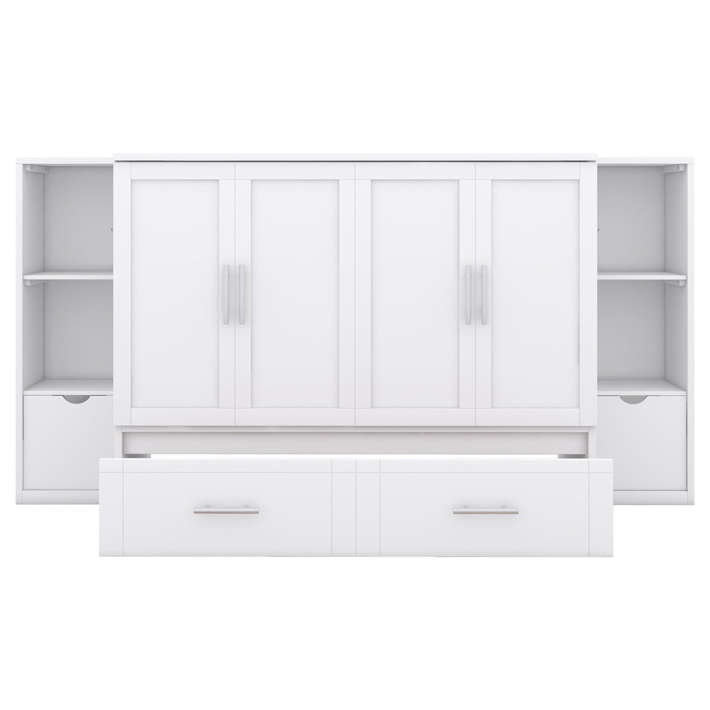Full Size Murphy Bed With Shelves, Drawers And USB Ports - White
