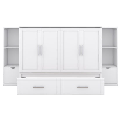 Full Size Murphy Bed With Shelves, Drawers And USB Ports - White