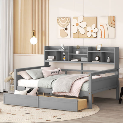 Full Size Daybed, Slat Support, With Bedside Shelf And 2 Drawers - Gray