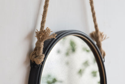 Handsome Cleveland Mirror With Rope Strap Contemporary Design Circle Mirror With Round Metal Frame For Wall Decor Bathroom, Entryway - Black And Silver