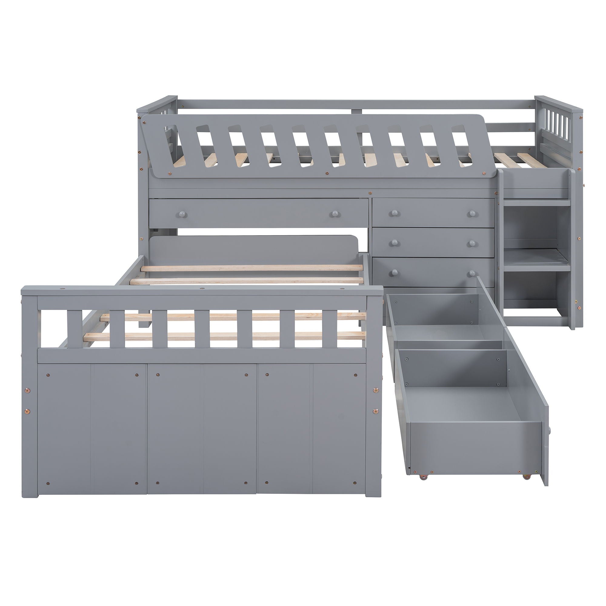 Twin Loft And Platform Bed With 7 Drawers And Full Guardrails, Modern L Shaped Space Saving - Gray