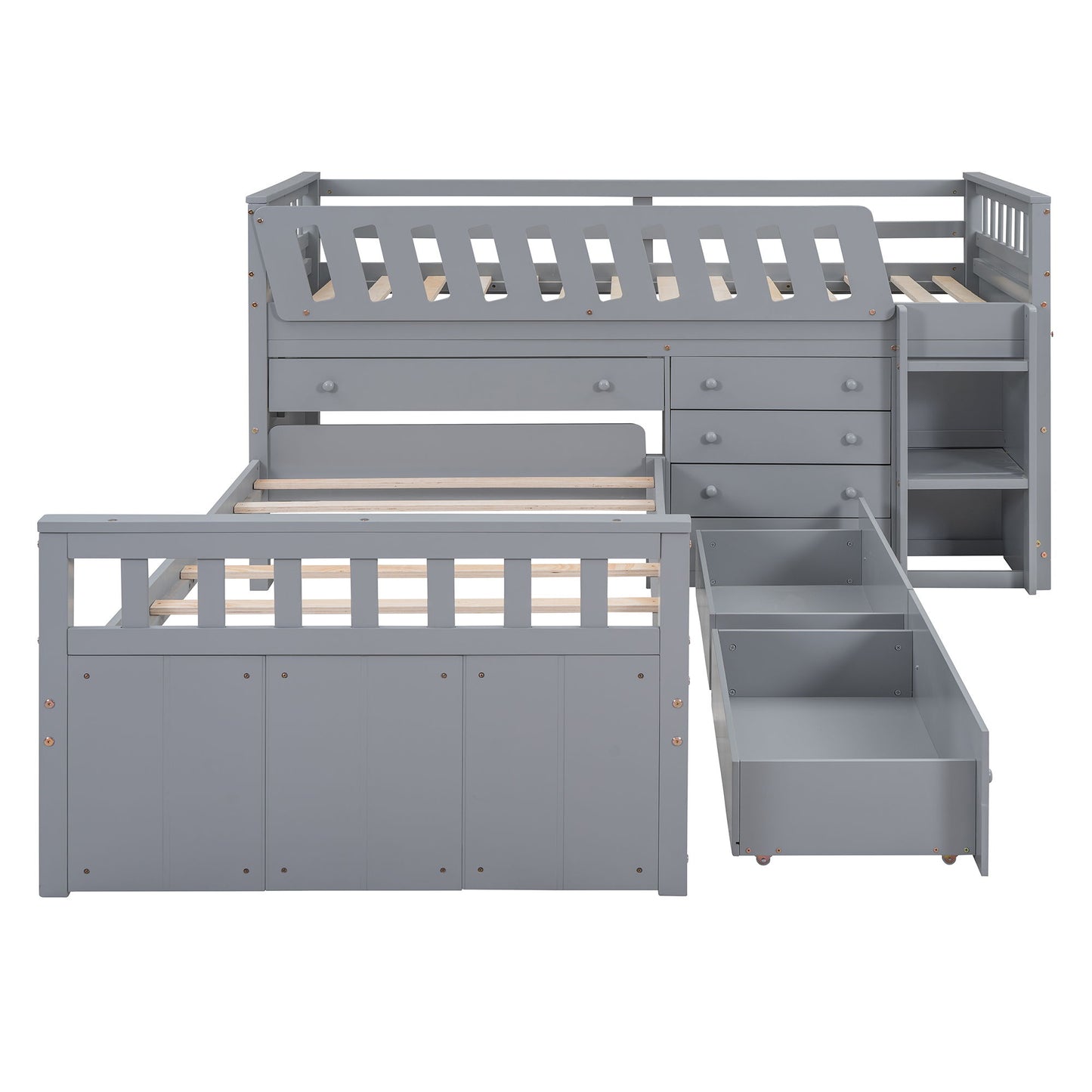 Twin Loft And Platform Bed With 7 Drawers And Full Guardrails, Modern L Shaped Space Saving - Gray