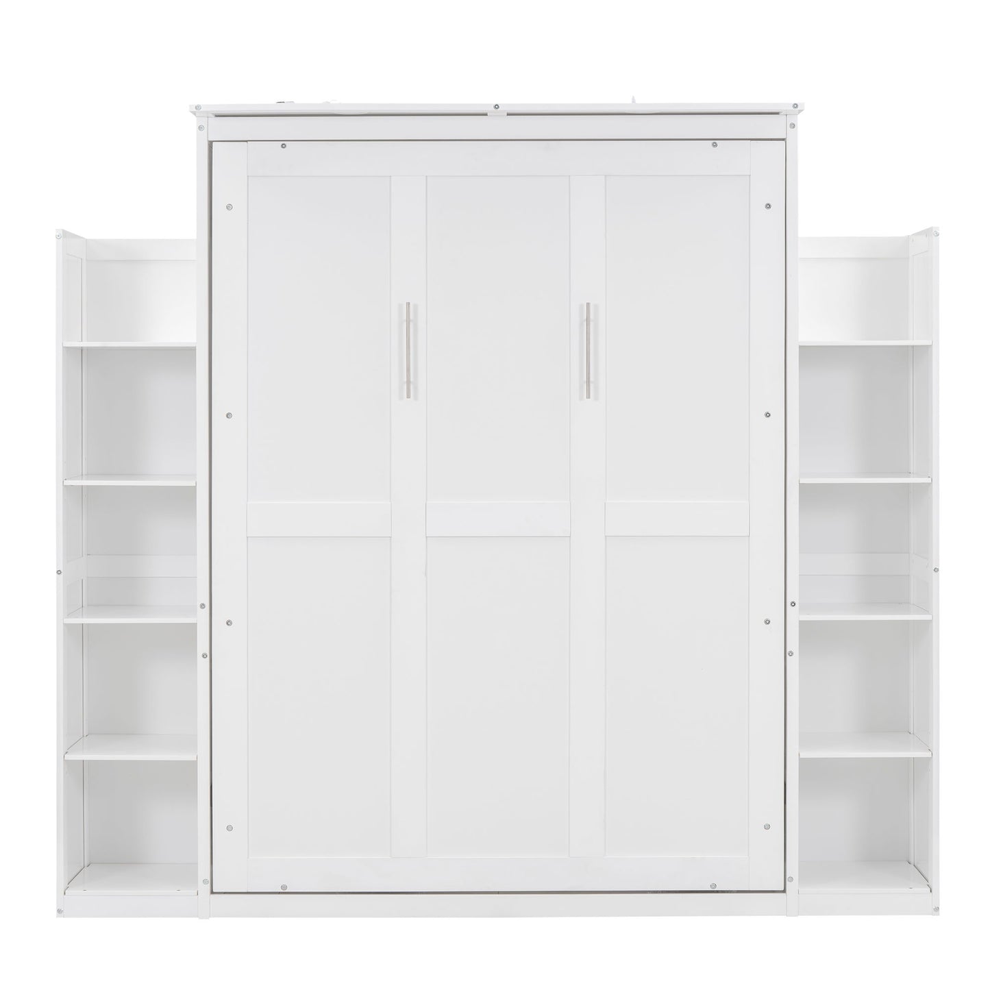 Full Size Murphy Wall Bed With Shelves And LED Lights - White