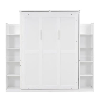 Full Size Murphy Wall Bed With Shelves And LED Lights - White