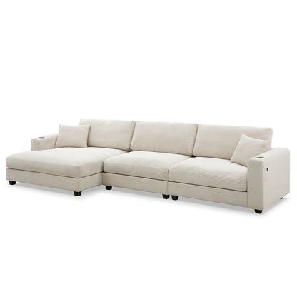 Oversized Sectional L Shaped Cloud Couch With USB Charging Port Cup Holder Deep And Wide Seat Sofa With Chaise Comfy - Beige