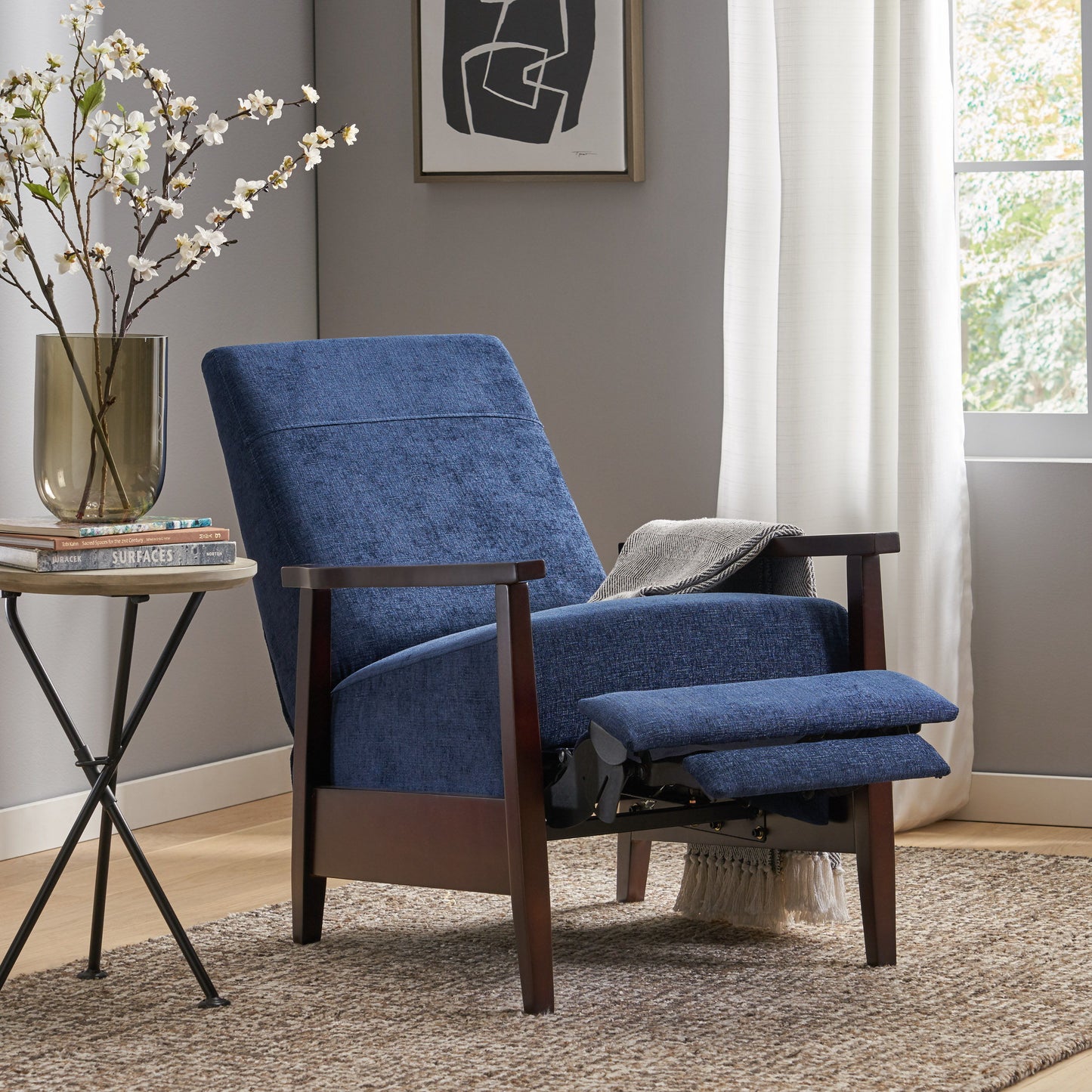 Wide Wood Hand Manual Club Recliner - Navy Blue