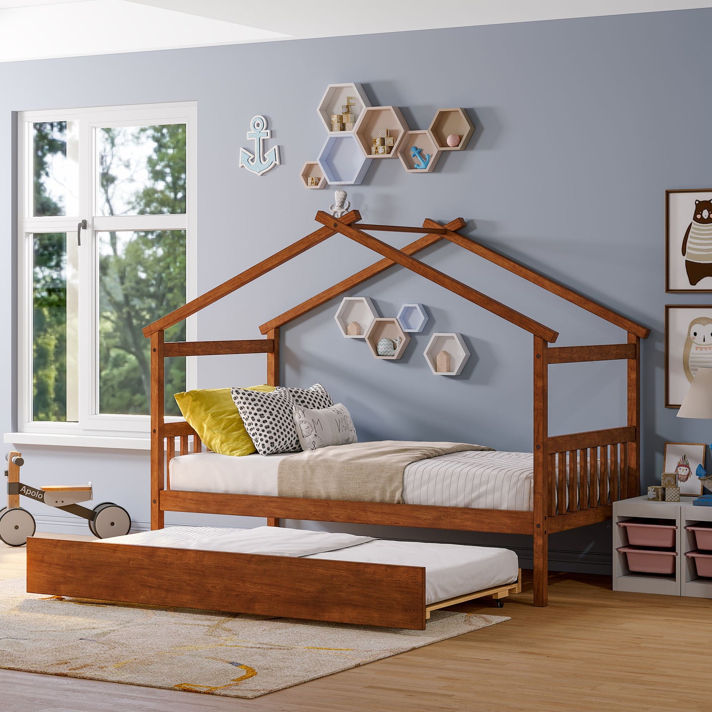 Twin Size House Bed With Twin Size Trundle - Walnut