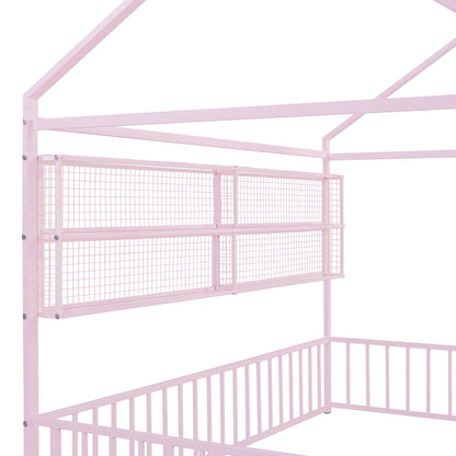 Full Size Bed House Frame With Fence And Shelves - Pink