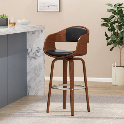 Upholstered Swivel Barstool With Wood Frame / Chrome Footrest - Walnut / Black