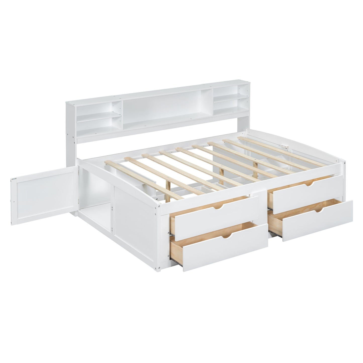 Full Size Daybed With 2 Bedside Cabinets, Upper Shelves And 4 Drawers - White
