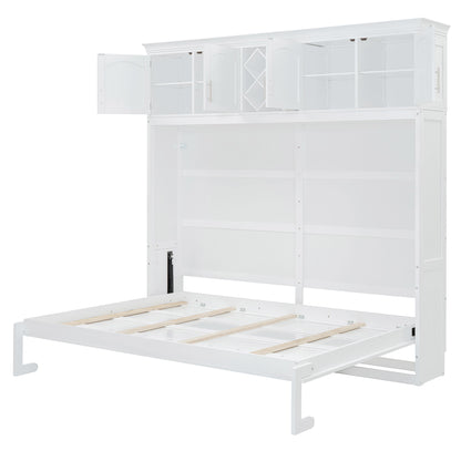 Queen Size Murphy Wall Bed With Top Cabinets & Wine Rack - White