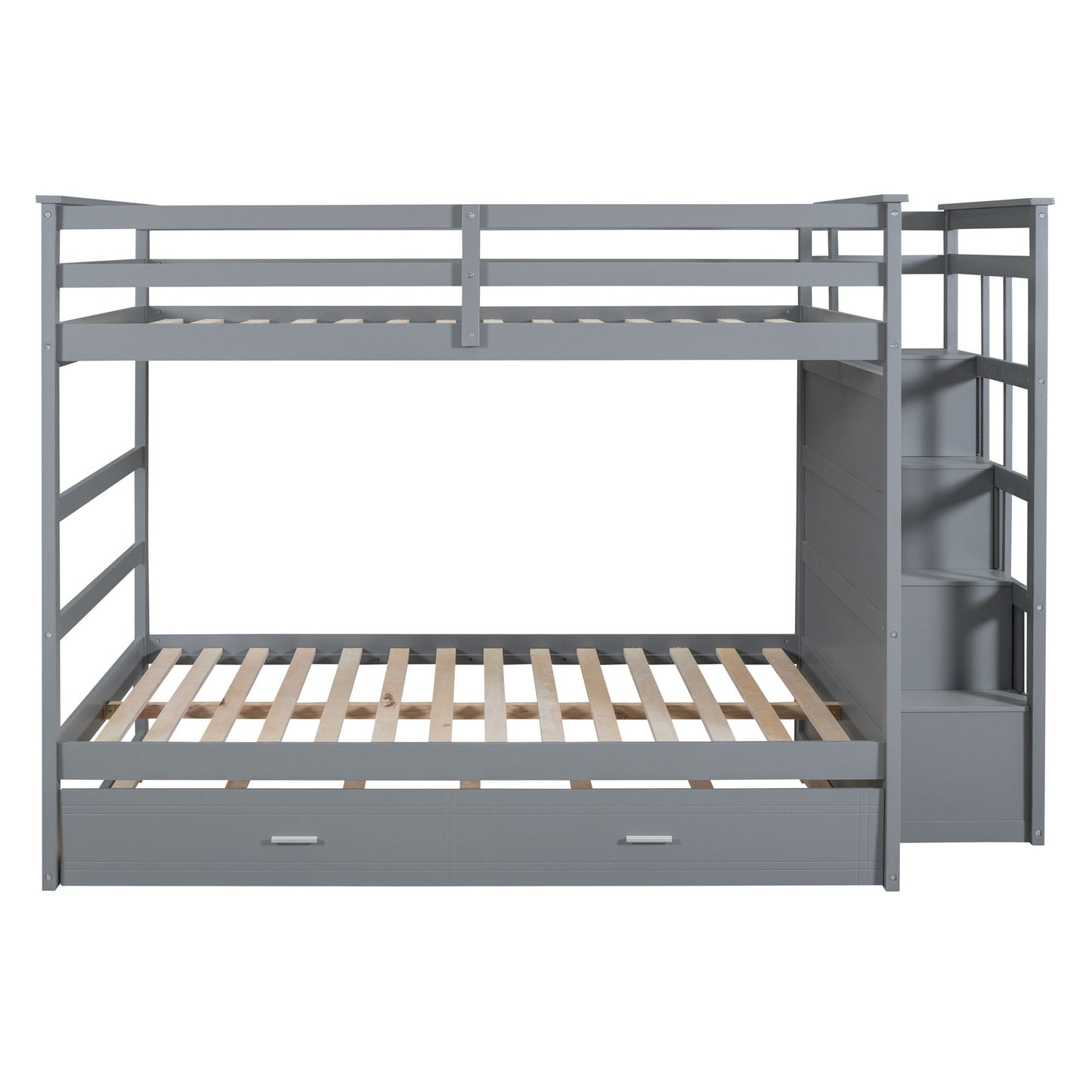 Full Over Full Bunk Bed With Twin Size Trundle And Staircase - Gray