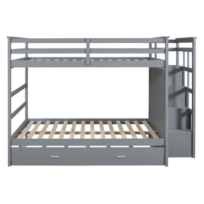Full Over Full Bunk Bed With Twin Size Trundle And Staircase - Gray