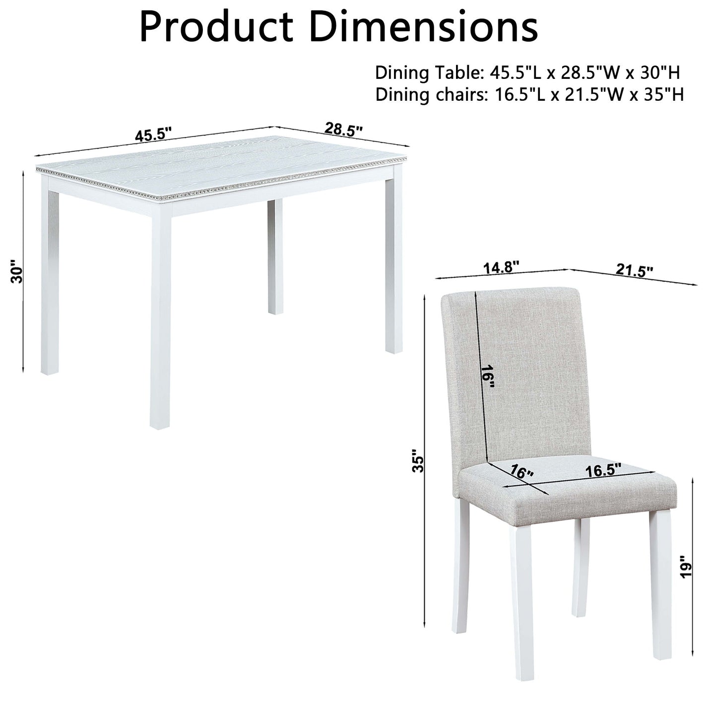 5 Piece Wooden Dining Table Set With Rectangular Table And 4 Upholstered Chairs Dining Room Set With Crystal Decoration For Kitchen Or Dining Room - Light Gray / White