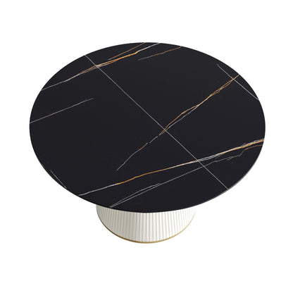 Modern Artificial Stone Round Plywood Base Dining Table, Can Accommodate 6 People, (Not Including Chairs) - Black / Beige