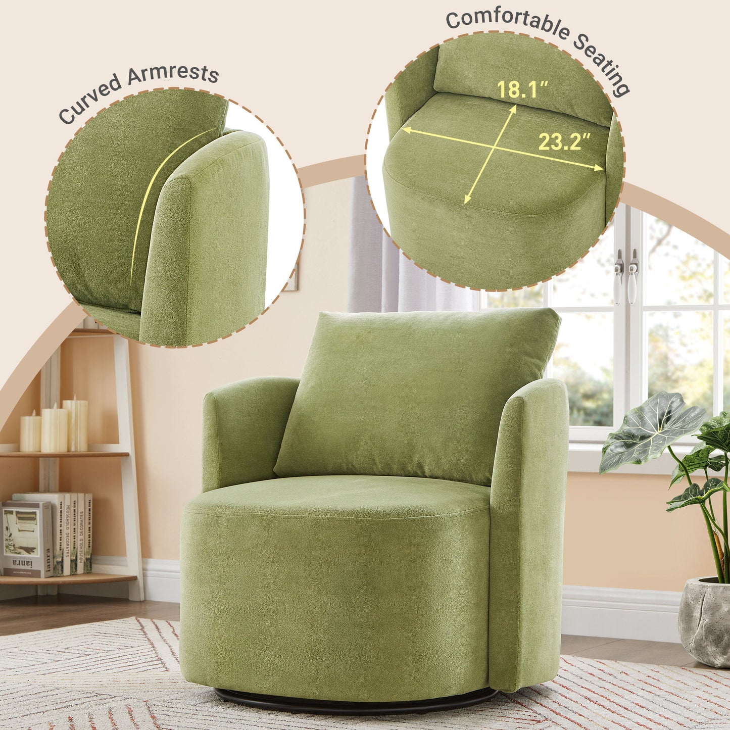 360ÔøΩÔøΩ Swivel Chair, Accent Barrel Armchair, Upholstered With Curved Design - Green