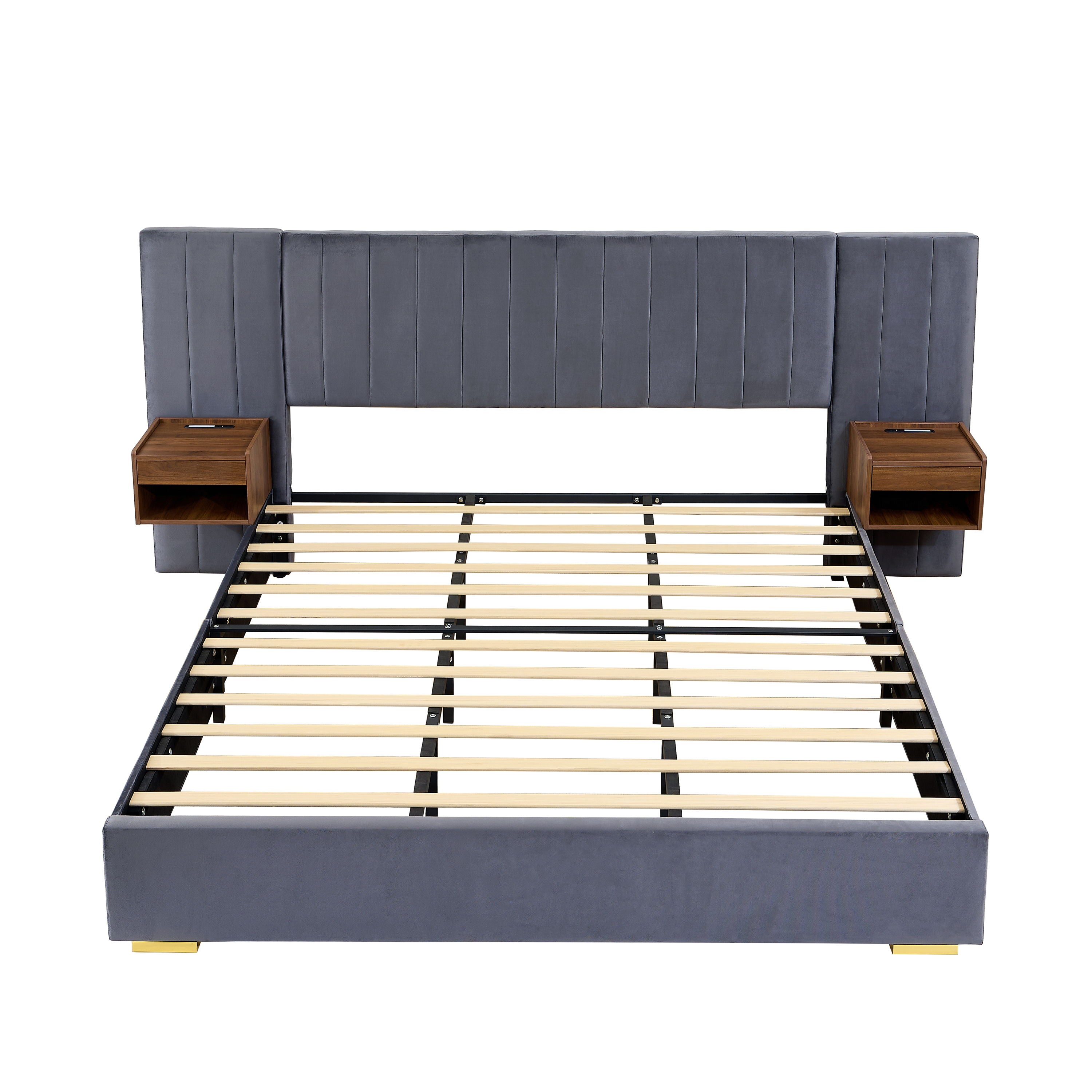 Upholstered King Size Bed Frame Of Velvet Tufted Headboard With Floating Nightstand LED / USB Built - Gray