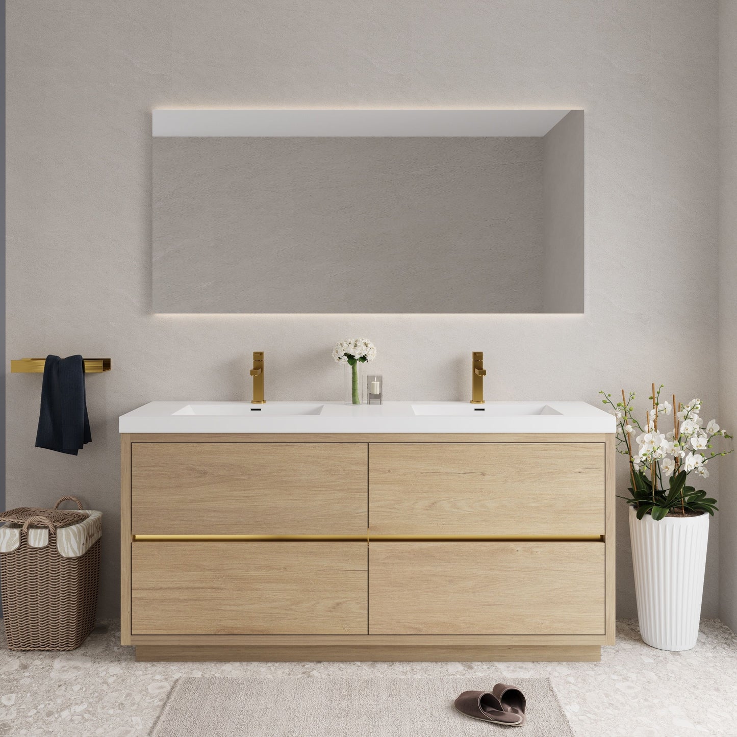 Bathin Freestanding Bathroom Vanity With Double Sinks, Bathroom Storage Vanity Cabinet With Stone Resin Countertop And Soft Close Drawers - Natural Oak