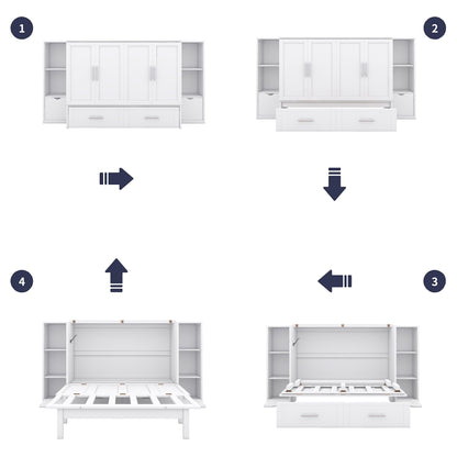 Full Size Murphy Bed With Shelves, Drawers And USB Ports - White