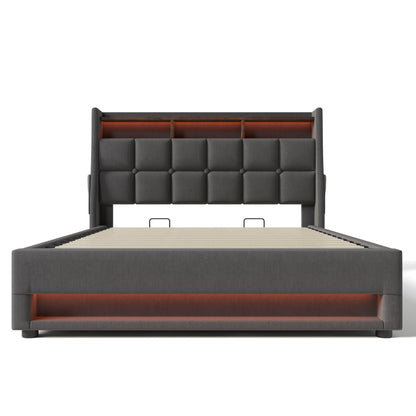 Full Size Upholstered Platform Bed With A Hydraulic Storage System, LED And USB Charging (Without Mattress) - Gray