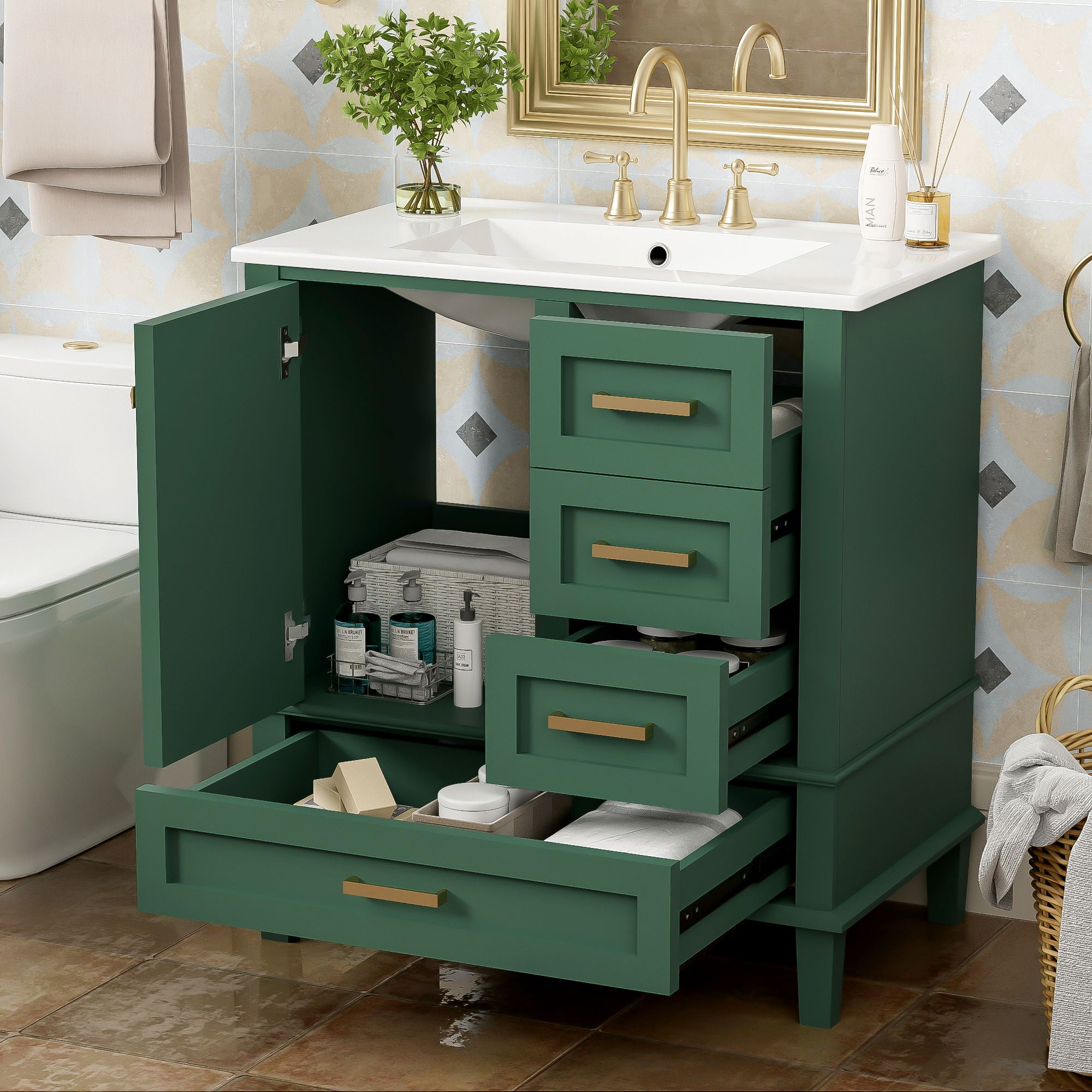 Bathroom Vanity, Modern Bathroom Cabinet With Sink Combo Set, Bathroom Storage Cabinet With A Soft Closing Door And 3 Drawers, Solid Wood Frame - Green