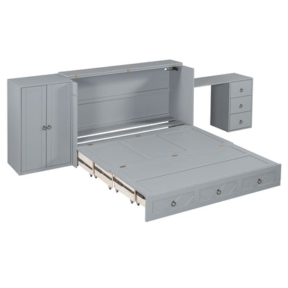 Queen Size Murphy Bed With USB Port, Large Drawer, And Wardrobe / Desk Combo Versatile Cabinet Bed - Gray